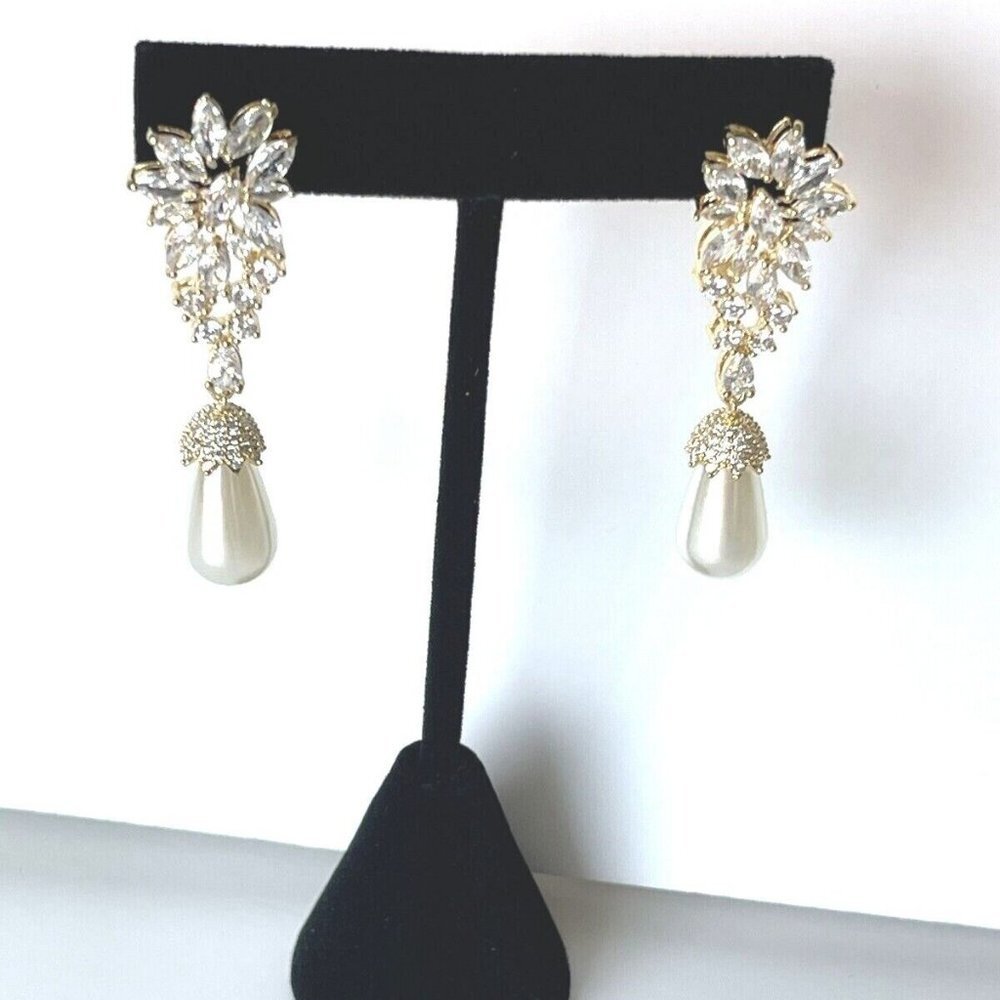 Gold Pearl Earrings 18k Gold Rhinestone Earrings Wedding Bridal Jewelry Dangle